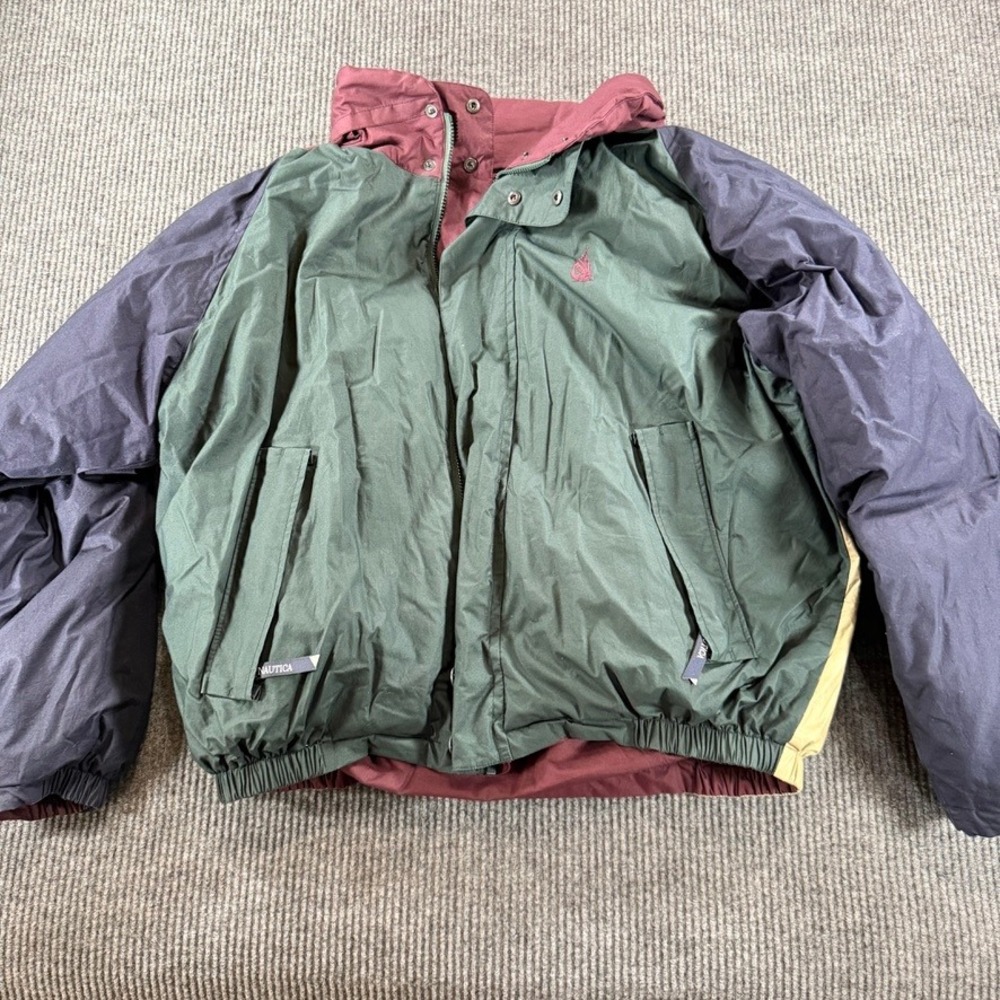 Nautica Vintage Reversible Down Puffer Jacket Mens XL Colorblock Green Burgundy